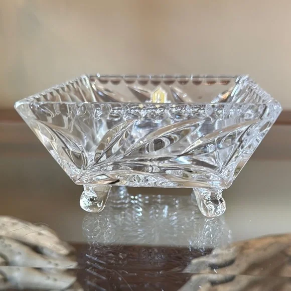 Vintage Lead Crystal Square Candy/Nut Dish with Floral Etched Design - Picture 2 of 6